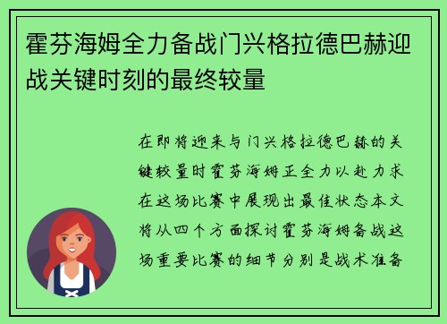 霍芬海姆全力备战门兴格拉德巴赫迎战关键时刻的最终较量