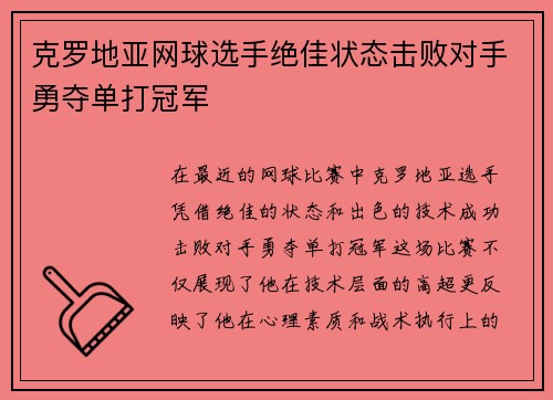 克罗地亚网球选手绝佳状态击败对手勇夺单打冠军