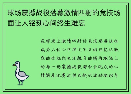 球场震撼战役落幕激情四射的竞技场面让人铭刻心间终生难忘