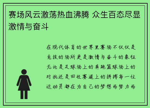 赛场风云激荡热血沸腾 众生百态尽显激情与奋斗