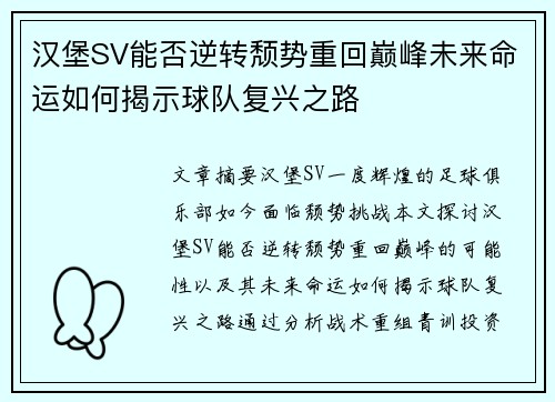 汉堡SV能否逆转颓势重回巅峰未来命运如何揭示球队复兴之路