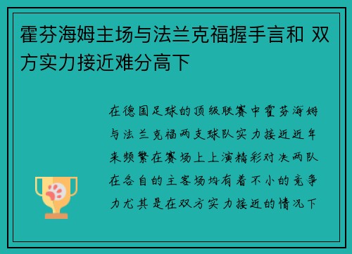 霍芬海姆主场与法兰克福握手言和 双方实力接近难分高下