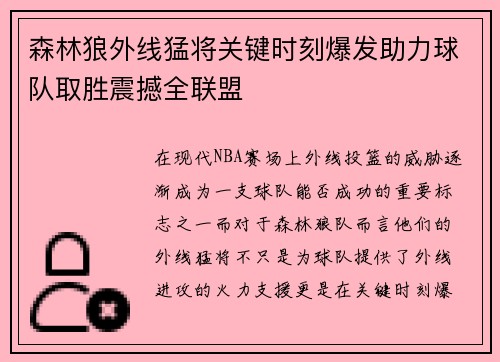 森林狼外线猛将关键时刻爆发助力球队取胜震撼全联盟