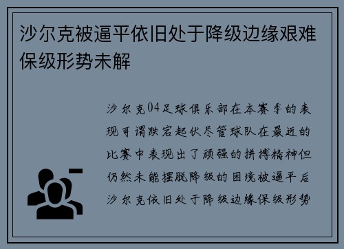 沙尔克被逼平依旧处于降级边缘艰难保级形势未解