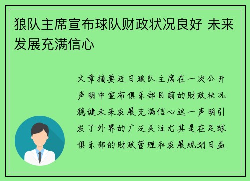 狼队主席宣布球队财政状况良好 未来发展充满信心