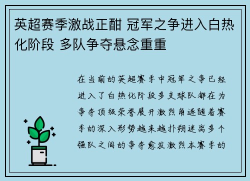 英超赛季激战正酣 冠军之争进入白热化阶段 多队争夺悬念重重