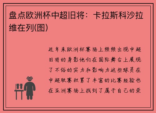 盘点欧洲杯中超旧将：卡拉斯科沙拉维在列(图)