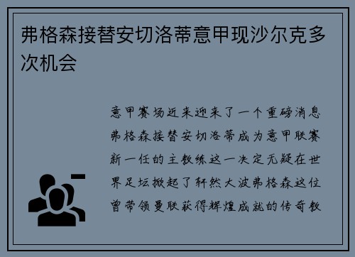 弗格森接替安切洛蒂意甲现沙尔克多次机会